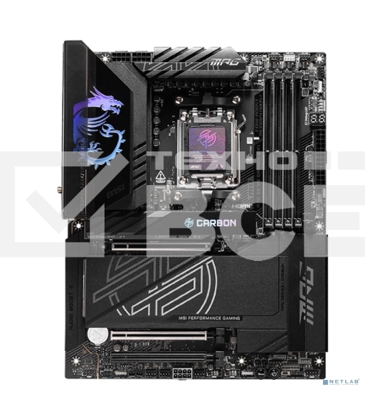 Материнская плата MSI MPG X870E CARBON WIFI, AM5, AMD X870E, 4xDDR5, 4xSATA, 4xM.2, 1xPCIe 5.0 x16, 1xPCIe 5.0 x4, 1xPCIe 4.0 x4, 1xHDMI, 2xUSB-C, 2x1Gb LAN, 9xUSB 3.2 Gen 2, 2xUSB4, 2x3.5 мм, 7.1, ATX