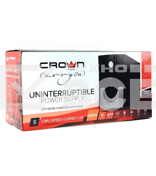 Источник бесперебойного питания CROWN Line Intractive CMU-SP800 COMBO USB 800VA\480W, корпус металл, 1x12V/9AH, розетки 4*IEC + 2*EURO+1*IEC bybass, трансформатор AVR 140-290V, съемный кабель 1.2 м, порт RJ11/45, порт USB, защита: от перегрузки, от КЗ, от скачков напряжения