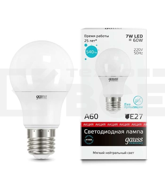 Светодиодная лампа LED Elementary A60 7W E27 540lm 4100K 1/10/100 0 GAUSS 23227A