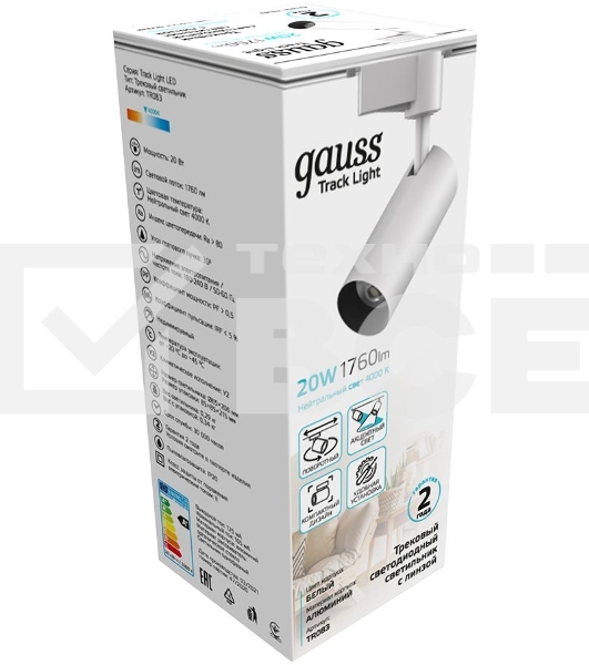 Светильник GAUSS трековый цилиндр 20W 1760lm 4000K 180-220V IP20 65*206мм белый LED 1/40 TR083