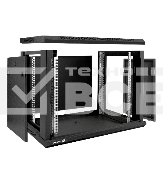 Шкаф телекоммуникационный 19' настенный 9U ExeGate EC-WM-9U.450.G.BLACK (19', 9U, 600x450x500 мм (ШхГхВ), передняя дверь закаленное стекло, съемные боковые панели, пыле- и влагозащита IP23, черный RAL 9004)