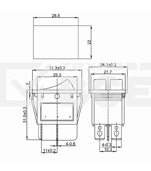 Выключатель клавишный 250V 15А (6с) ON-OFF желтый с подсветкой ДВОЙНОЙ Rexant
