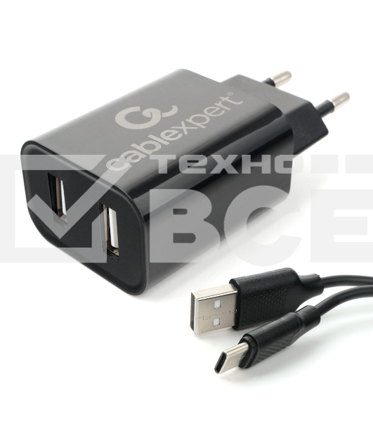 Адаптер питания Cablexpert MP3A-PC-37 USB 2 порта, 2.4A, черный + кабель 1м Type-C