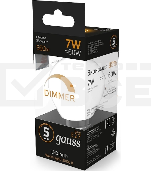 Лампа светодиодная Gauss 7Вт цок.: E27 шар 220B 3000K св. свеч. белый теп. (упак.: 10 шт)