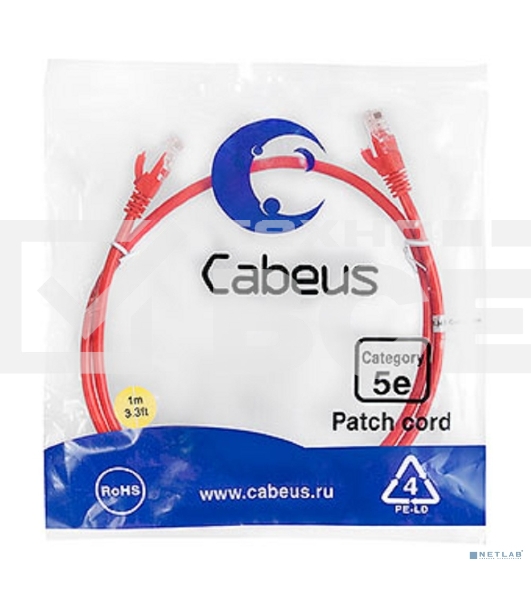 Шнур комм. Cabeus, кат. 5е, неэкр., U/UTP, RJ45/RJ45, PVC, AWG24, 1м, красный