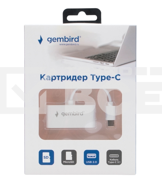 Картридер Type-C (2.0) Gembird FD2-MSD-2, 3в1: SD, TF (MicroSD), USB2.0, кабель 10см, белый