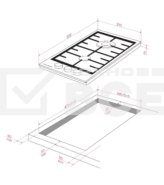 Варочная поверхность Kuppersberg FS 36 X, газ, High-Tech, 29 см, автоматический электроподжиг, газ-контроль, форсунки под сжиженый газ, SABAF конфорки, чугунные решетки, цвет нержавеющая сталь, цвет фурнитуры черный