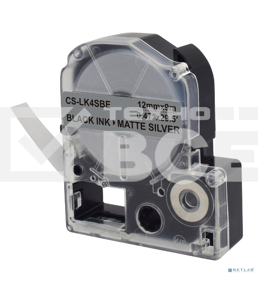 Картридж ленточный Cactus CS-LK4SBE черный шрифт, серебристый матовый фон (12 мм, 9 м) для Epson LW300/LW400/LW700/LW600P/LW1000P/K400/Z700/Z900