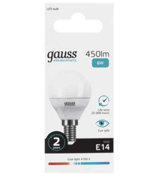 Лампа светодиодная Gauss Elementary 53226T 6Вт цок.: E27 шар 180B 4100K св. свеч. белый. нейт. (упак.: 3 шт)