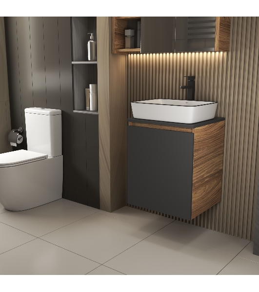 Тумба Bau Dream Blackwood 50 графит, раковина Hotel Black Rand 48х37, смеситель высокий, черный