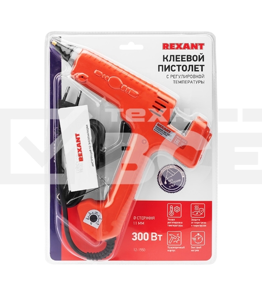 Пистолет клеевой Rexant, 300 Вт, Ø11 мм, «ЭКСПЕРТ», настройка температуры 100…220℃, блистер