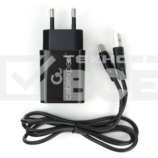 Адаптер питания Cablexpert MP3A-PC-37 USB 2 порта, 2.4A, черный + кабель 1м Type-C