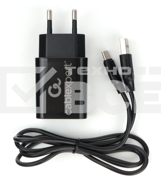 Адаптер питания Cablexpert MP3A-PC-37 USB 2 порта, 2.4A, черный + кабель 1м Type-C