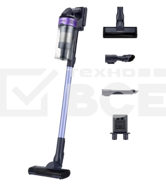 Пылесос вертикальный Samsung VS15A6031R4/EV фиолетовый/чёрный, питание от аккумулятора, 150 Вт, уборка сухая, пылесборник 0.8 л, работа от АКБ max 40 мин.