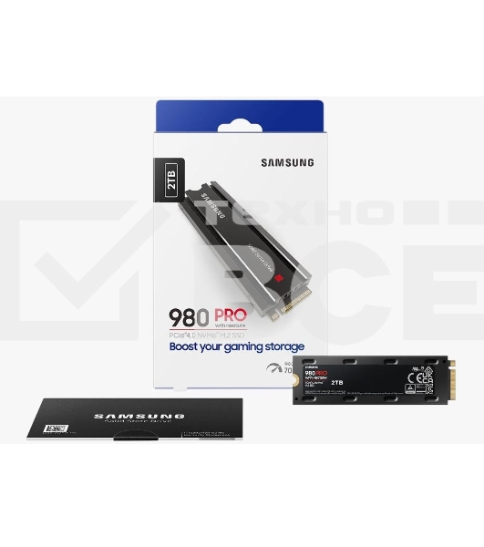Накопитель SSD Samsung 980 PRO MZ-V8P2T0CW, 2Tb, PCIe 4.0 x4, M.2 2280, NVMe, R/W 7000/5100, с радиатором