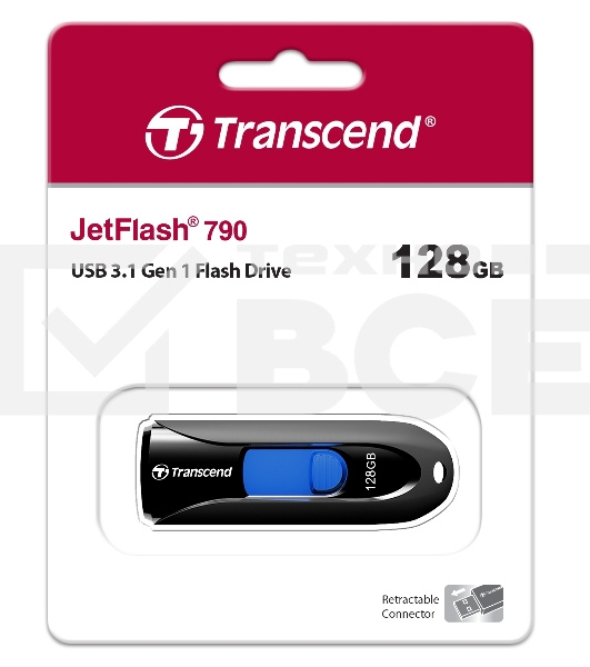 Флешка USB Transcend JetFlash 790 (TS128GJF790K), 128Gb, USB 3.0, R/W 90/40, черный/синий
