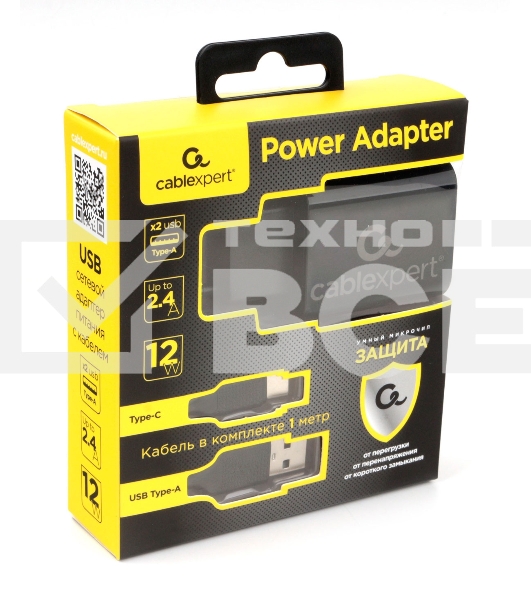 Адаптер питания Cablexpert MP3A-PC-37 USB 2 порта, 2.4A, черный + кабель 1м Type-C