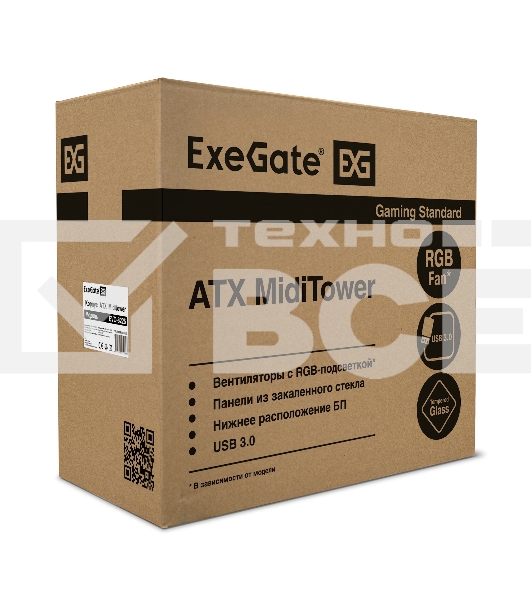 Компьютерный корпус Miditower ExeGate EVO-8225-NPX500 (ATX, БП 500NPX с вент. 12см, 2*USB+1*USB3.0, черный, 2 вент. с RGB подсветкой и полоса на передней панели, боковая панель - закаленное стекло)