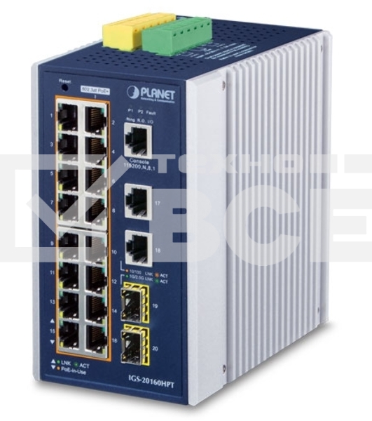 Индустриальный PoE коммутатор IGS-20160HPT для монтажа в DIN-рейку IP30 Industrial L2+/L4 16-Port 1000T 802.3at PoE+ 2-Port 1000T + 2-port 100/1000X SFP Full Managed Switch (-40 to 75 C, dual redundant power input on 48~56VDC terminal block, DIDO, ERPS Ri
