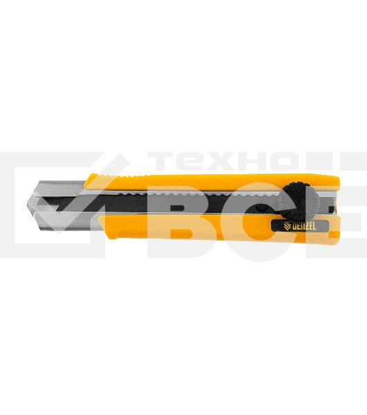 Нож, 25 мм, сменное лезвие, SK4, корпус из TPR, метал. направляющая, винтовой фиксатор Denzel