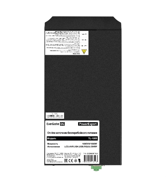 Источник бесперебойного питания On-line ExeGate PowerExpert TL-1000.LCD.AVR.2SH.USB.RS232.SNMP 1000VA/1000W, On-Line, PF=1, LCD, 2*Schuko, RS232, USB, SNMP-slot, встроенные батареи 12V 7.2Ah - 2шт, Tower, металлический корпус, черный