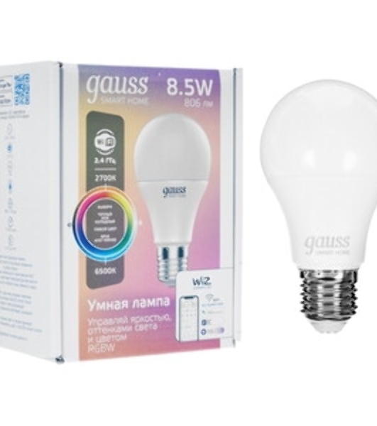 Лампа Светодиодная Gauss Smart Home RGbW E27 A60 8.5 Вт 2700-6500K 1/10/100