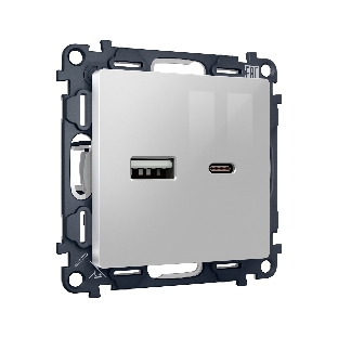 Комплект механизма розетки ALFA Серебро глянец 2USB A+C 20W (быстрая зарядка) QUANT (AP4110, VM177) MA411010