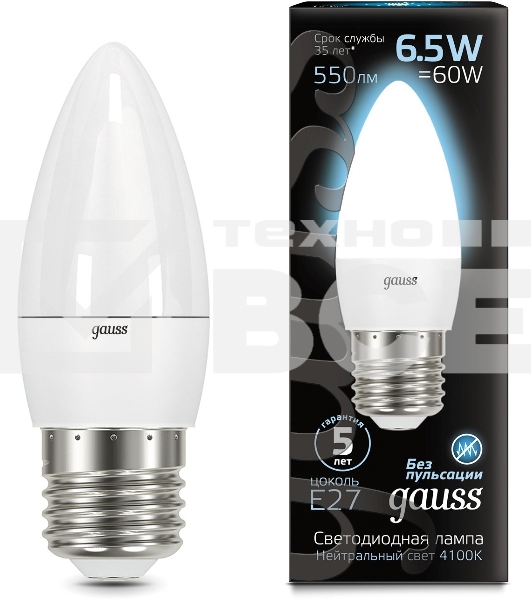Лампа светодиодная Gauss 6.5Вт цок.:E27 свеча 220B 4100K св.свеч.бел.ней. (упак.:10шт) (103102207)