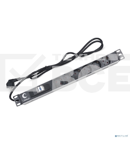 Блок силовых розеток Cabeus, Shuko х 6, вход Schuko, для шкафов, шнур 2 м, 50х490х50 мм (ВхШхГ), 16А, автомат, черный