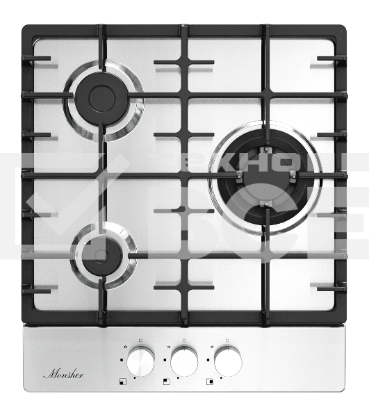 Газовая варочная панель Monsher High-Tech, 44 см, автоматический электроподжиг, газ-контроль, форсунки под сжиженый газ, SABAF конфорки, чугунные решетки, нержавеющая сталь