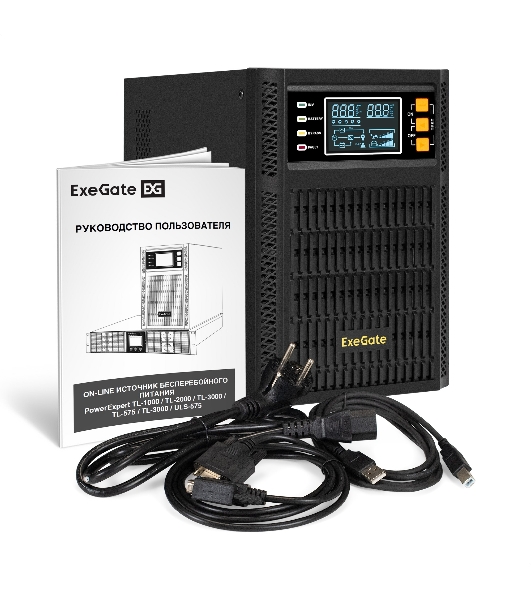 Источник бесперебойного питания On-line ExeGate PowerExpert TL-1000.LCD.AVR.2SH.USB.RS232.SNMP 1000VA/1000W, On-Line, PF=1, LCD, 2*Schuko, RS232, USB, SNMP-slot, встроенные батареи 12V 7.2Ah - 2шт, Tower, металлический корпус, черный