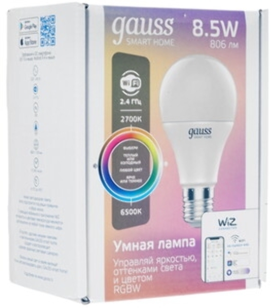 Лампа Светодиодная Gauss Smart Home RGbW E27 A60 8.5 Вт 2700-6500K 1/10/100