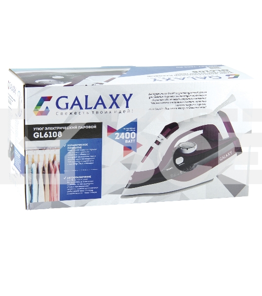 Утюг Galaxy Line GL 6108, бордовый с белым, паровой, 2400 Вт, постоянный пар 50 г/мин, паровой удар 230 г/мин, функции: автоотключение, самоочистка, антикапля, антинакипь, вертикальное отпаривание, индикатор автоотключения, индикатор нагрева, функция увла