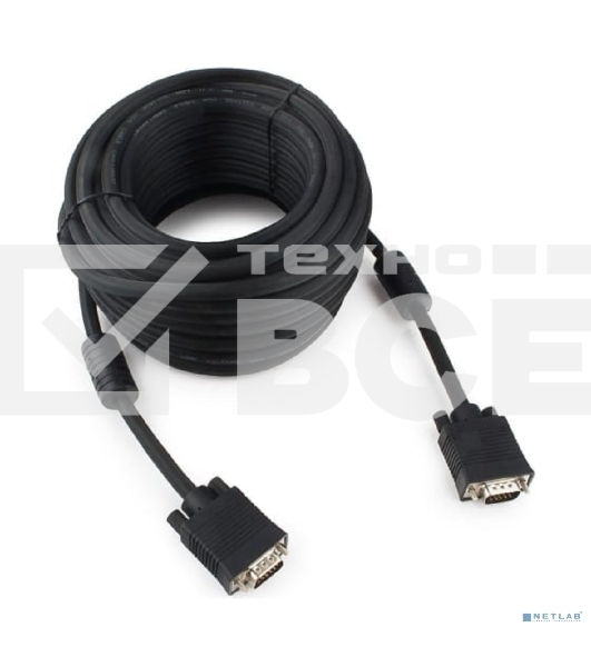 Кабель VGA Premium Cablexpert CC-PPVGA-15M-B, 15M/15M, 15м, черный, тройной экран, феррит.кольца, пакет