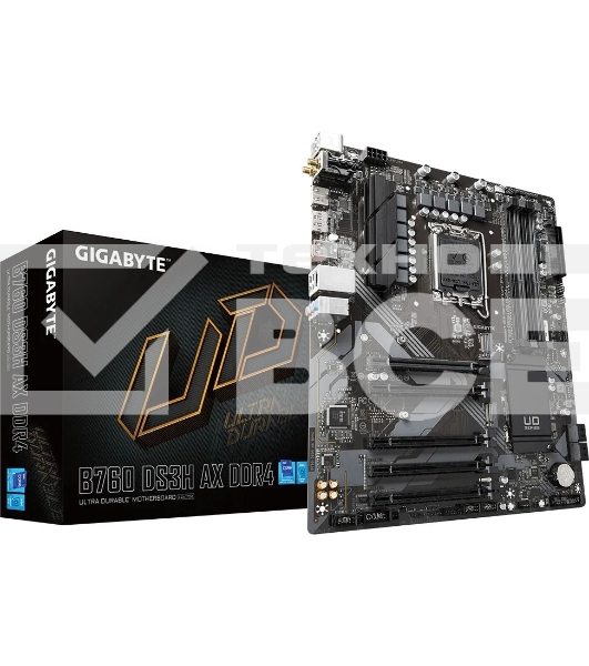 Материнская плата Gigabyte B760 DS3H AX DDR4, LGA 1700, Intel B760, 4xDDR4, 4xSATA, 2xM.2, 1xPCIe 4.0 x16, 4xPCIe 3.0 x1, 1xHDMI, 1xDP, 1x 1Gb LAN, 4xUSB-A 2.0, 1xUSB-A 3.2 Gen 2, 1xUSB-C 3.2 Gen 2, 3x3.5 мм, 7.1, ATX.