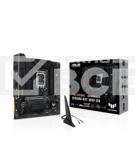 Материнская плата ASUS TUF GAMING B760M-BTF WIFI D4, LGA 1700, Intel B760, 4xDDR4, 4xSATA, 3xM.2, 1xPCIe 5.0 x16, 1xPCIe 4.0 x4, 1xPCIe x1, 1xUSB-A 3.2 Gen 2, 2xUSB-A 3.2 Gen 1, 4xUSB 2.0, 1xUSB-C 3.2 Gen 1, 1xUSB-C 3.2 Gen 2, 1x2.5Gb LAN, 3x3.5 мм, 7.1, 