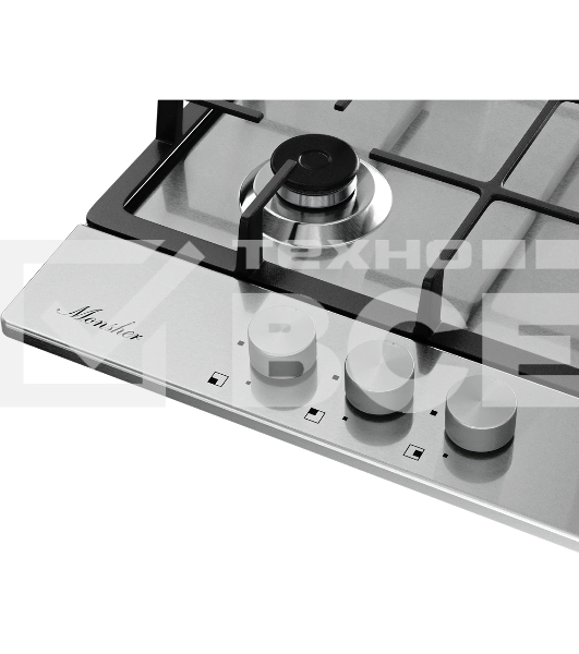 Газовая варочная панель Monsher High-Tech, 44 см, автоматический электроподжиг, газ-контроль, форсунки под сжиженый газ, SABAF конфорки, чугунные решетки, нержавеющая сталь
