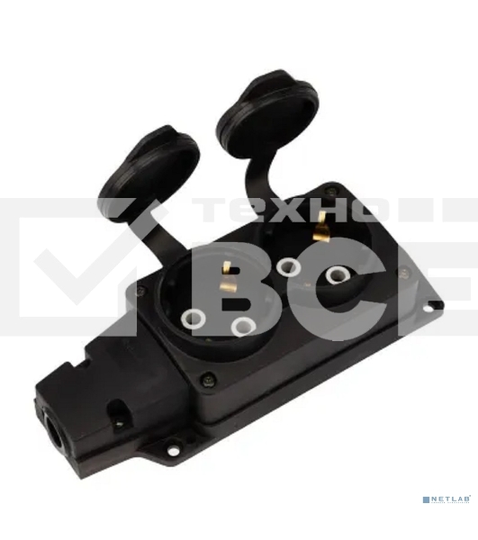 Розетка (колодка) Rexant влагозащищенная с крышкой 2 гнезда COMPACT, с/з, 16А, IP54, каучук, черный