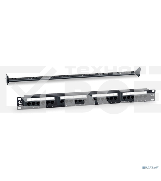Комм. патч-панель Cabeus, 19', 1HU, портов: 24 х RJ45, кат. 6, неэкр., черный, (PL-24-Cat.6-Dual)