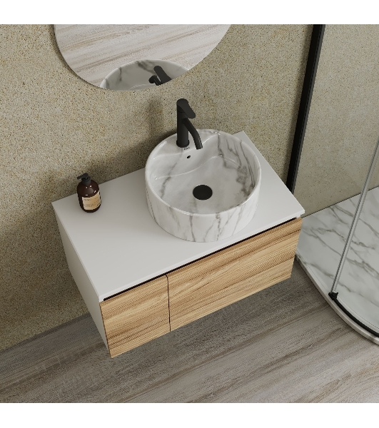 Комплект: тумба Bau Dream Blackwood 80, Раковина круглая накладная BAU Element D41, мрамор, смеситель Hotel Dream, черный выпуск клик клак черный