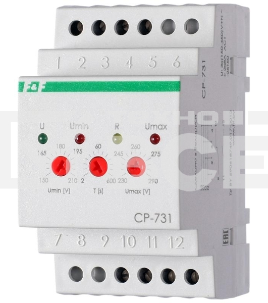 Реле напряжения CP-731 (трехфазный; микропроцессорный; контроль верхнего и нижнего значений напряжения; контроль ассиметрии; чередования фаз; монтаж на DIN-рейке 35мм 3х400/230+N 2х8А 1Z 1R IP20) F&F EA04.009.005
