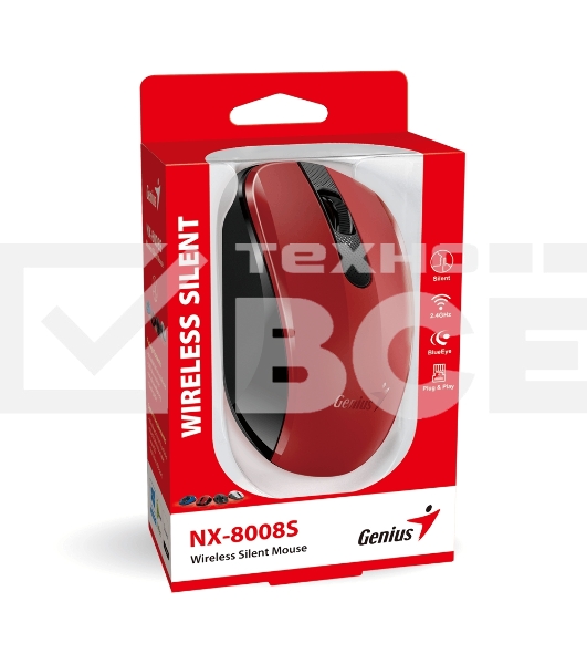 Мышь беспроводная Genius NX-8008S красный, 1200 dpi, радиоканал, USB, кнопки - 3