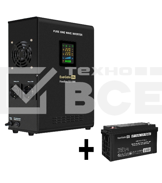 Комплект ИБП EX295997RUS + батарея 120Aч EX282988RUS 1шт (инвертор, синус, для котла, настенный) ExeGate FineSine SX-1000.LCD.AVR.2SH <1000VA/600W, чистая синусоида, цветной LCD-дисплей, AVR, 2*Schuko, линейно-интерактивный, крепление настенное/универсаль