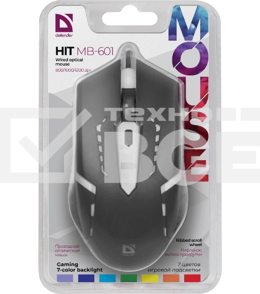 Мышь проводная Defender Hit MB-601 черный, 1200 dpi, USB, кнопки - 4