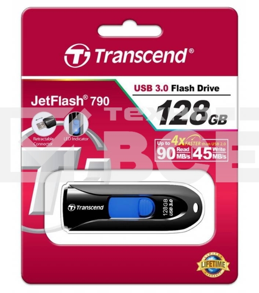 Флешка USB Transcend JetFlash 790 (TS128GJF790K), 128Gb, USB 3.0, R/W 90/40, черный/синий