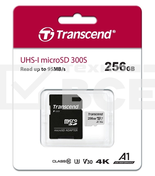 Флеш карта microSD 256GB Transcend microSDXC Class 10 UHS-I U3, V30, A1, (SD адаптер), TLC