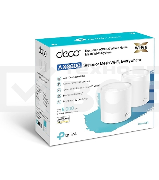 Система TP-Link Mesh AX3000 Whole Home Wi-Fi System, Wi-Fi 6, 2402Mbps (4 streams) at 5GHz and 574Mbps (2 streams) at 2.4GHz, 2 Gigabit ports of each unit, support OFDMA, MU-MIMO, 802.11k/v/r seamless roaming, support WPA3, HomecareTM system, easy setup a