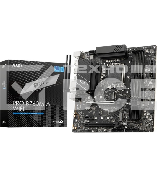 Материнская плата MSI PRO B760M-A WIFI, LGA 1700, Intel B760, 4xDDR5, 4xSATA, 2xM.2, 1xPCI-E 4.0 x16, 1xPCI-E 4.0 x4, 2xHDMI, 2xDP, 1x2.5Gb LAN, 2xUSB-A 2.0, 2xUSB 3.2 Gen 1, 2xUSB 3.2 Gen 2, 3x3.5 мм, 7.1, Micro-ATX