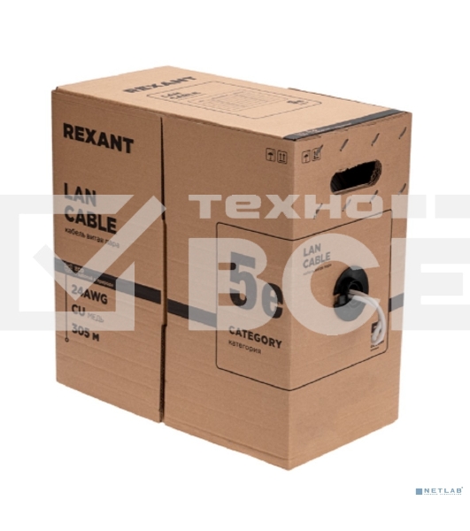Кабель витая пара Rexant F/UTP, CAT 5e, PVC нг(А)-LS, 4х2х0,52мм, 4PR, 24AWG, INDOOR, SOLID, серый, 305м, РФ