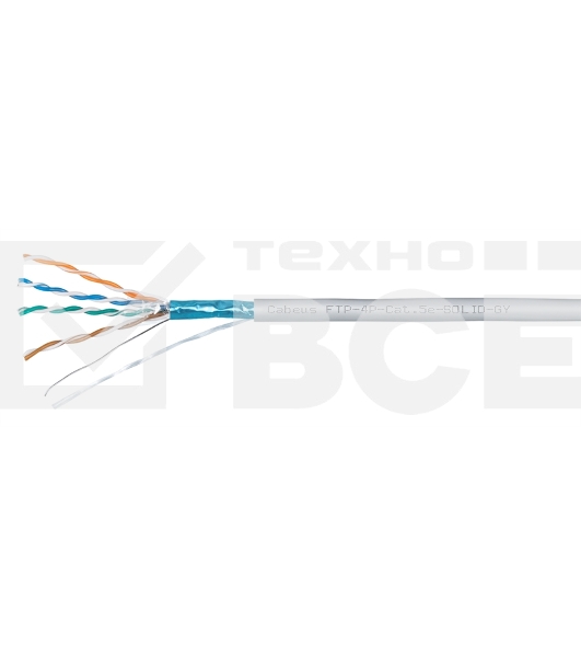 Кабель витая пара экранированная Cabeus FTP-4P-Cat.5e-SOLID-LSZH-GY FTP (F/UTP), cat. 5e, 4 пары (24 AWG), одножильный, серый, экран - фольга, LSZH, нг(А)-HF, (305 м)